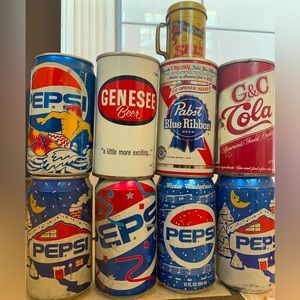 9 Antique and vintage Pepsi, soda cans, beer cans, salt shaker lot